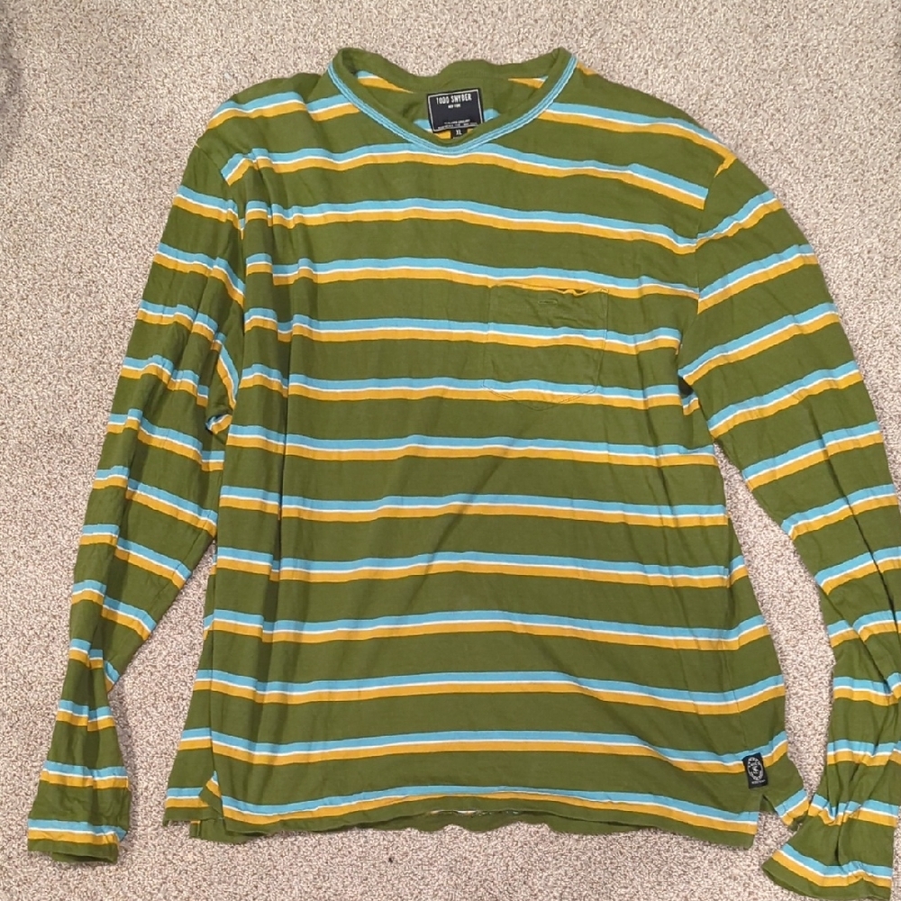 Todd Snyder Green and Blue Striped Long Sleeve Tee